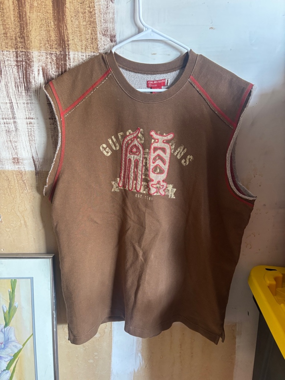 Guess Brown Sleeveless Tank with Red Accents